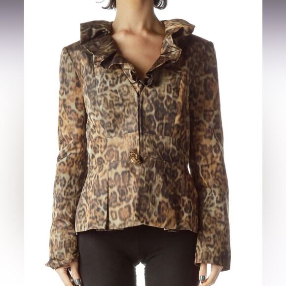 ZELDA Brown Leopard Print Ruffle Collar Jacket 4 - Picture 1 of 9